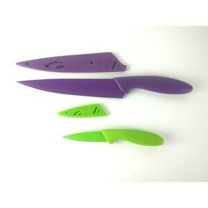 Stainless Steel Plastic Handled Knives Colorful With Sheaths Purple Green